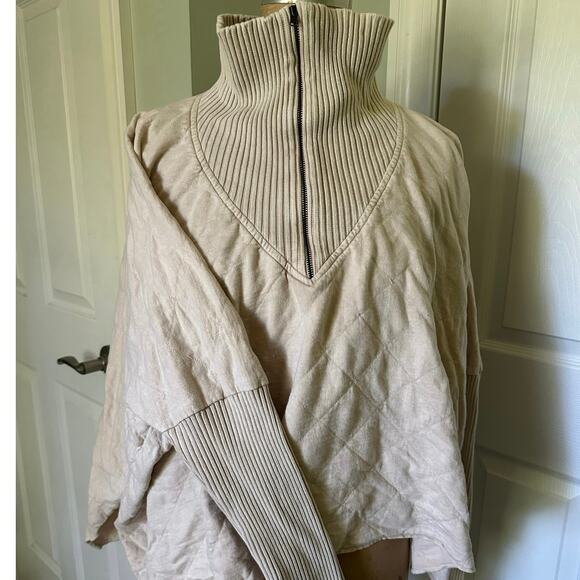 Free People Fp One Shiloh Sweatshirt Pullover Zip Oversized Ribbed sz M beige - Picture 3 of 16